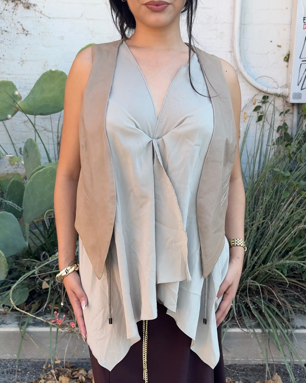 BRUNELLO CUCINELLI Silk & Leather Vest Top