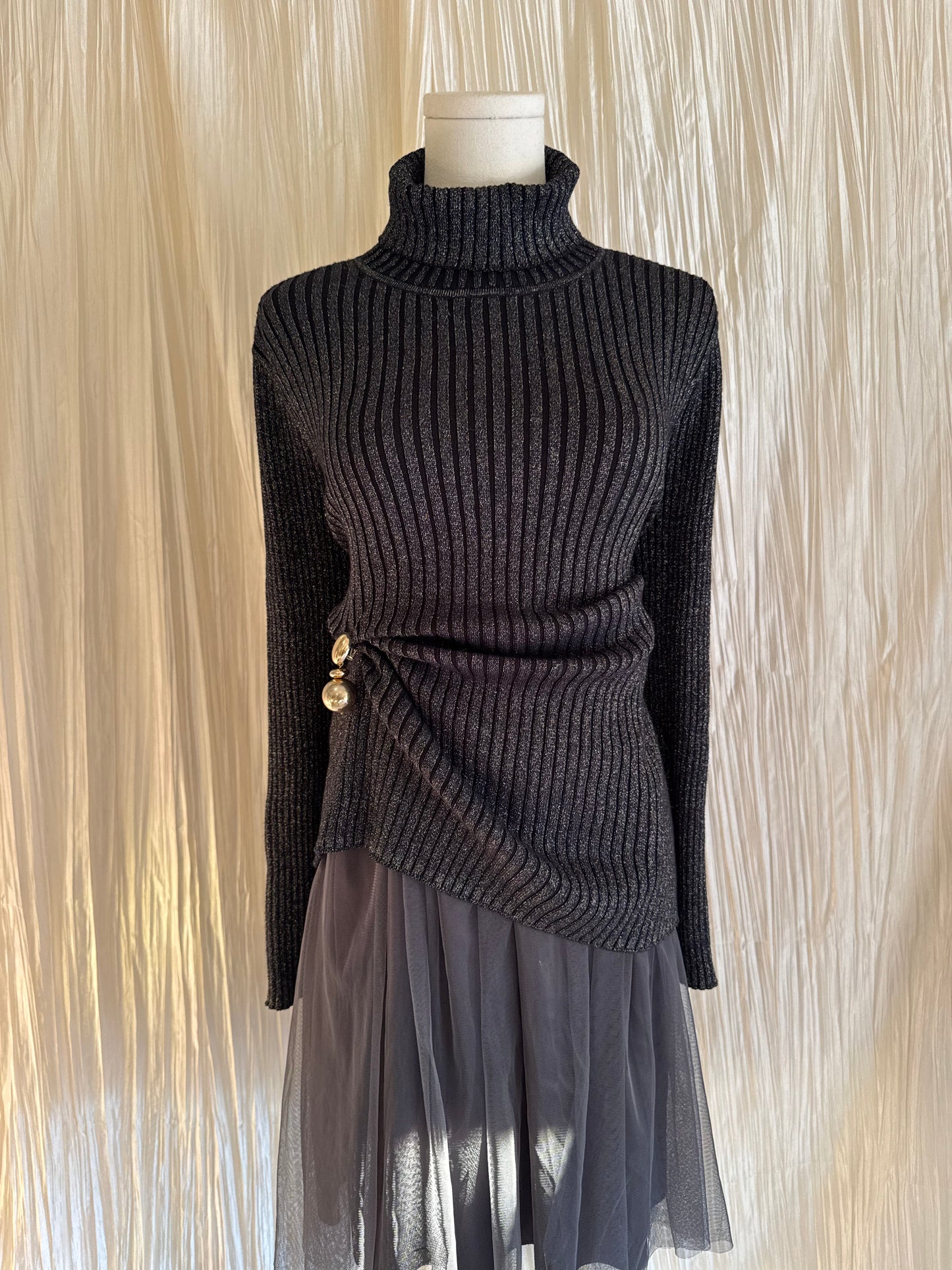 Navy & Gold Metallic Turtleneck Sweater